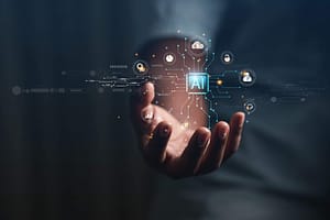 Businessman with Solutions Marketing hologram concept